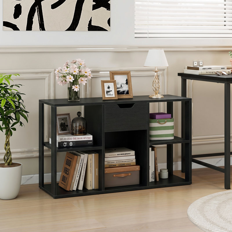 Bibliothèque à 5 cases avec tiroir de rangement, trousse anti-basculement, organisateur de rangement à compartiments noir