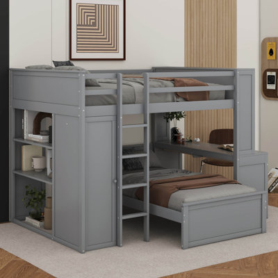 Full Size Loft Bed With A Stand-Alone Bed,Wardrobe,Desk,And Shelves