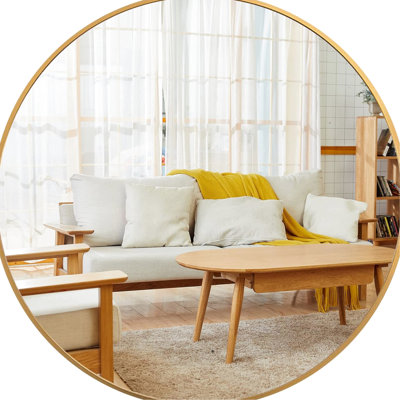 Miroir mural rond de 36 po en métal doré pour salle de bain - Verre de 4 mm de hauteur, cadre en aluminium rouillé, cadre en aluminium, miroir
