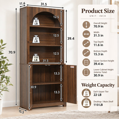 Rosenthal Modern Bookcase with Arched Doors and Open Display Shelves