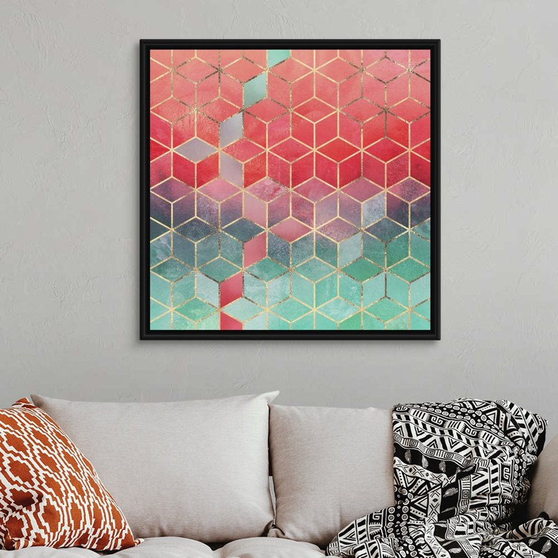 «Rose and Turquoise Cubes», reproduction d'impression sur toile, Cadre flottant noir, H 37,7 po x l 37,7 po x P 1,75 po