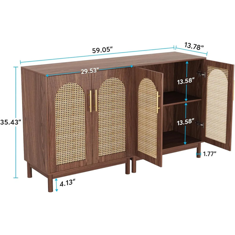 Buffet 59 po avec portes en rotin - armoire de rangement à 4 portes pour la cuisine / salle à manger / salon, pieds en bois massif, capacité de 350 lb