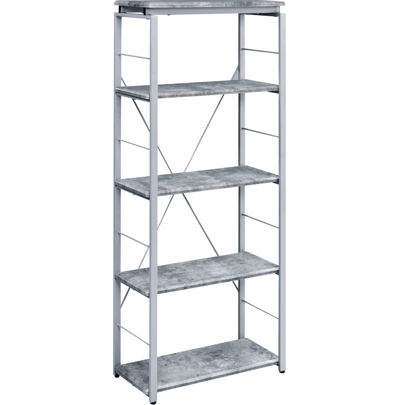 Grey Silver 4-Shelf Bookcase - Versatile Storage Solution Metal & Wood Construction Modern In And Powder Coating Office Work Style