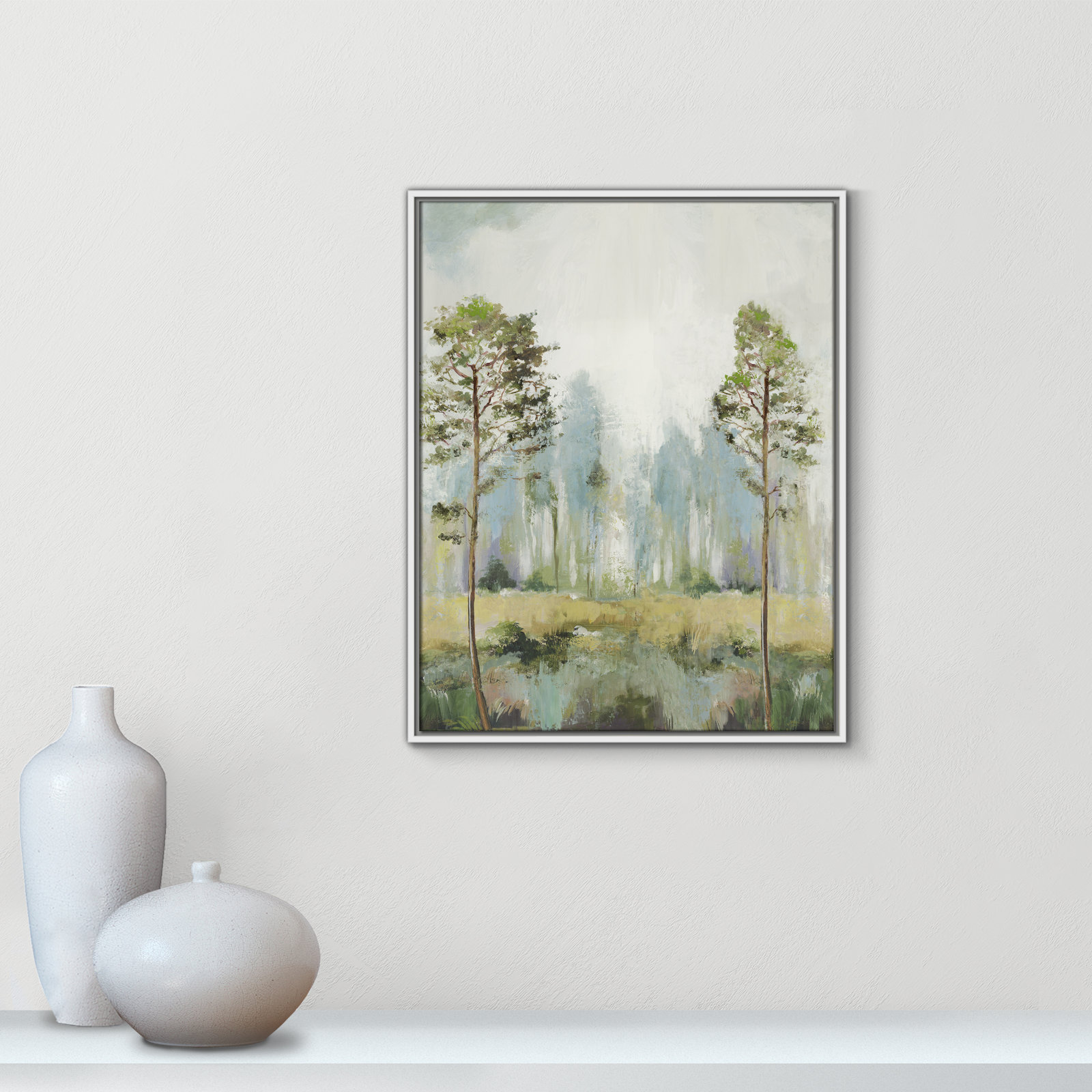 Tall Green Trees II by Teton Pearce - Floater Frame Print on Canvas, 29.5" H x 23.5" W, White