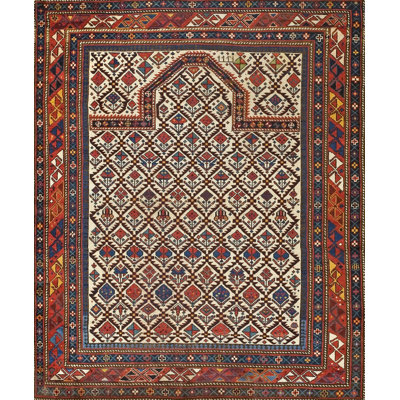 Antique Tribal Geometric Late 19th Century Ivory Caucasian Shirvan Muslim Prayer Rug