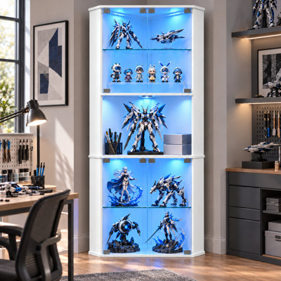 Vitrine de coin 71,6 "avec lumières DEL, armoire vitrée haute à 6 niveaux avec tablettes en verre réglables et porte en verre, armoire à vin pour le salon, bar personnel (blanc)