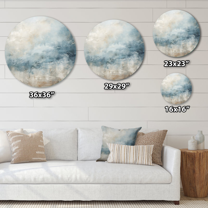 Beige bleu océan tempête I - Art abstrait rond en métal, H 16 po x l 16 po