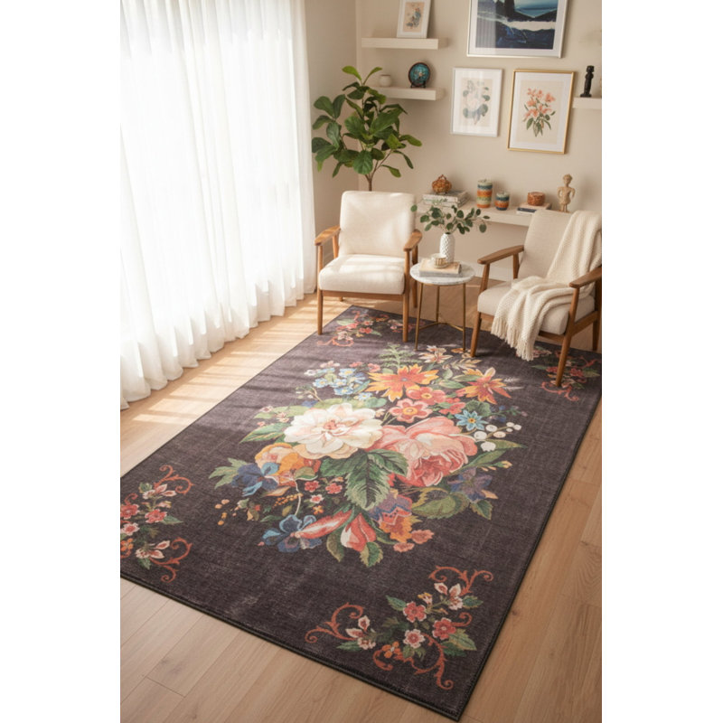 Tapis décoratif noir Ottilie, Rectangle 7 pi 7 po x 10 pi 10 po