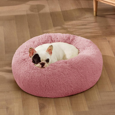 Lit pour chien apaisant pour petits chiens - Lit pour petit animal lavable Donut, grand lit pour chat en fausse fourrure moelleux et antidérapant de 23 po, convient à des animaux de compagnie jusqu'à 25 lb, rosé mauve