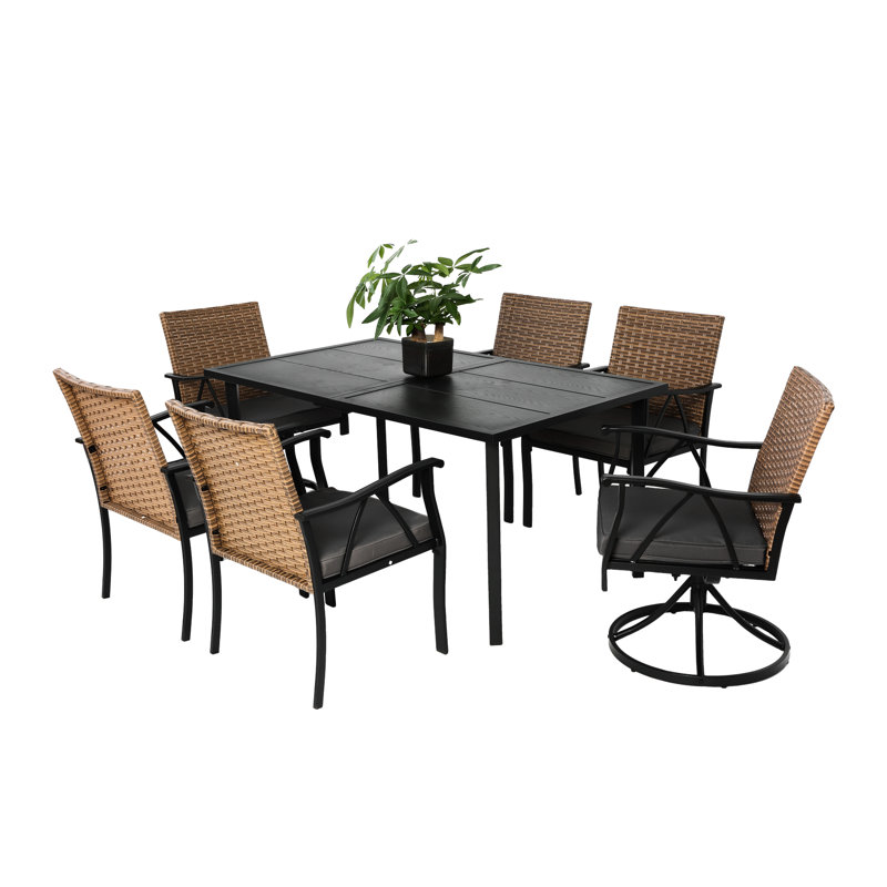 7 pièces de salle à manger de patio, table en acier facile d'entretien et coussins amovibles, brun / gris, chaises à coussins de conception moderne, brun / gris