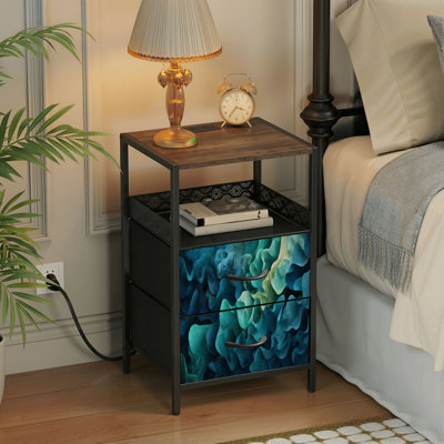 Table de chevet 2 tiroirs avec station de charge, table de chevet pour chambre avec ports USB et amp; «Outlets Open Shelf» noir, table de chevet avec technique abstraite bleu turquoise, art fluide, reproduction d'art originale