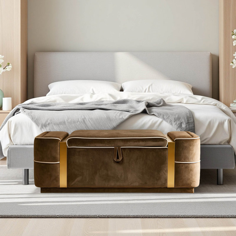Banc de rangement rembourré en velours de 47,2 pouces avec bandes décoratives en métal doré, Brun