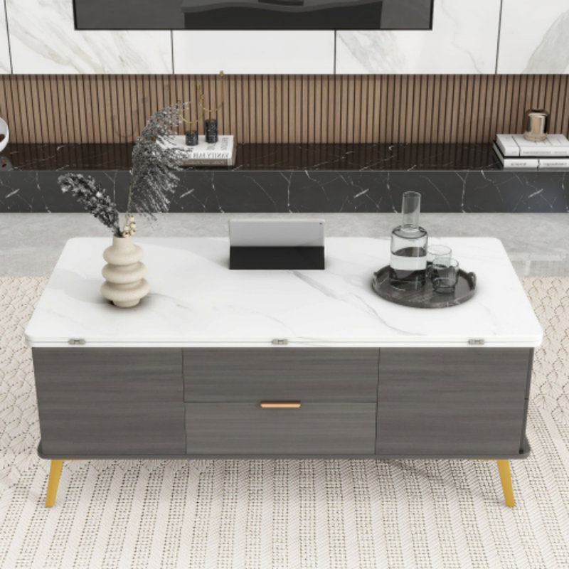 Table basse à plateau relevable Bowlus, table basse, table de salon à 4 pieds et rangement, Gris