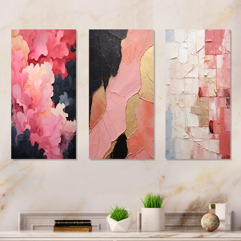 Minimalisme, poteries roses - ensemble abstrait d'art mural en métal de 3, H 28 po x l 36 po