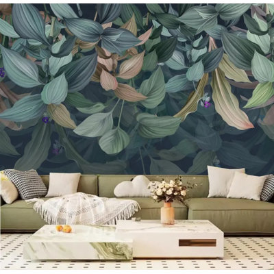 Murale feuille de sarcelle foncé tropical botanique vert foncé bleu jungle panoramique grand format décor dramatique