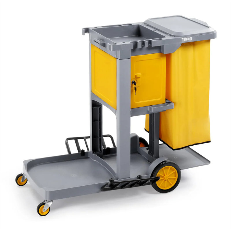 Chariot de conciergerie à 3 niveaux avec capacité de 500 lb avec casier et sac de 15 gallons , Gris