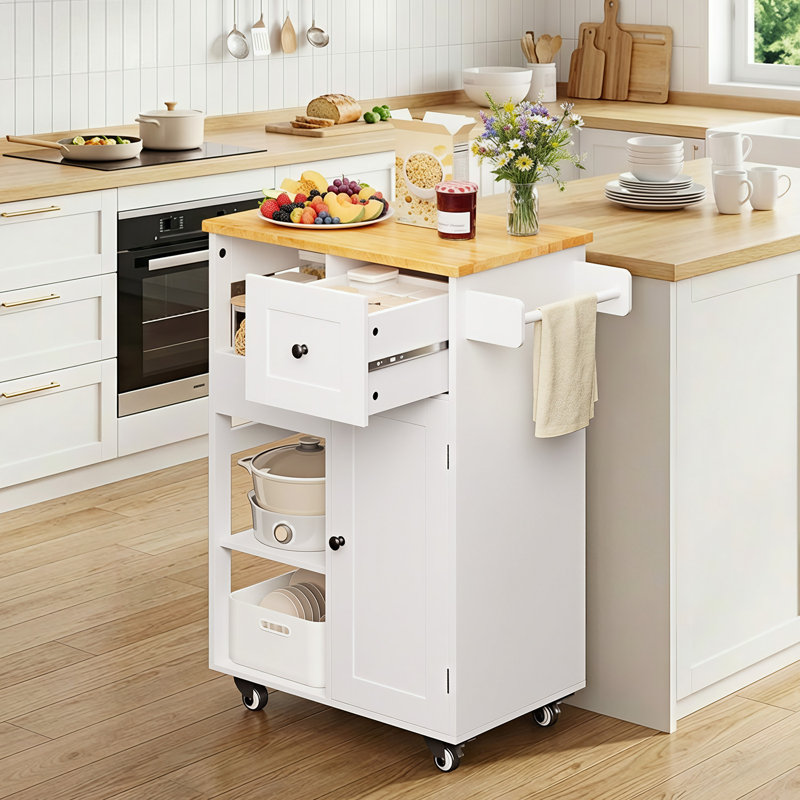 Modern Solid Wood Top Rolling Kitchen Cart, 3-Tier Storage with Drawer & Cabinet, Removable Tray, Locking Wheels, Towel Rack and Hooks, Freestanding Coffee Bar Cart for Kitchen, Living Room