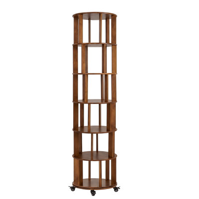 6 Tier Rotating Bookshelf, Solid Wood Rotating Bookshelf Tower with Wheels, 360° Display Round Spinning Bookshelf for Small Spaces, Corner, Bedroom, Living Room, Home, Office