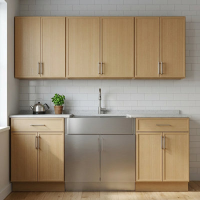 Modern Kitchen Cabinet Set with Ash Wood Frame, White Oak Veneer, Soft-Close Doors, Adjustable Shelves & 36" Sink Layout