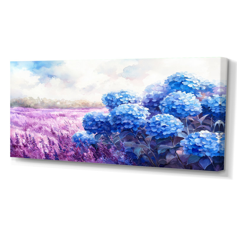 Hortensias dans le champ de lavande IV - hydrangées, art mural, H 28 po x l 60 po, Toile tendue, Ne s’applique pas