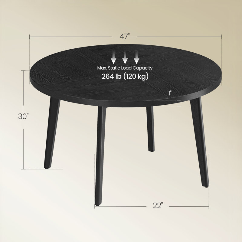 Table de cuisine ronde de 47,2 po de largeur avec structure et pieds en bois massif pour 4 à 6 personnes, Noir