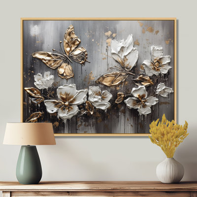 Rozalynn Golden White Butterfly Wings and Flowers III - Art mural encadré floral
