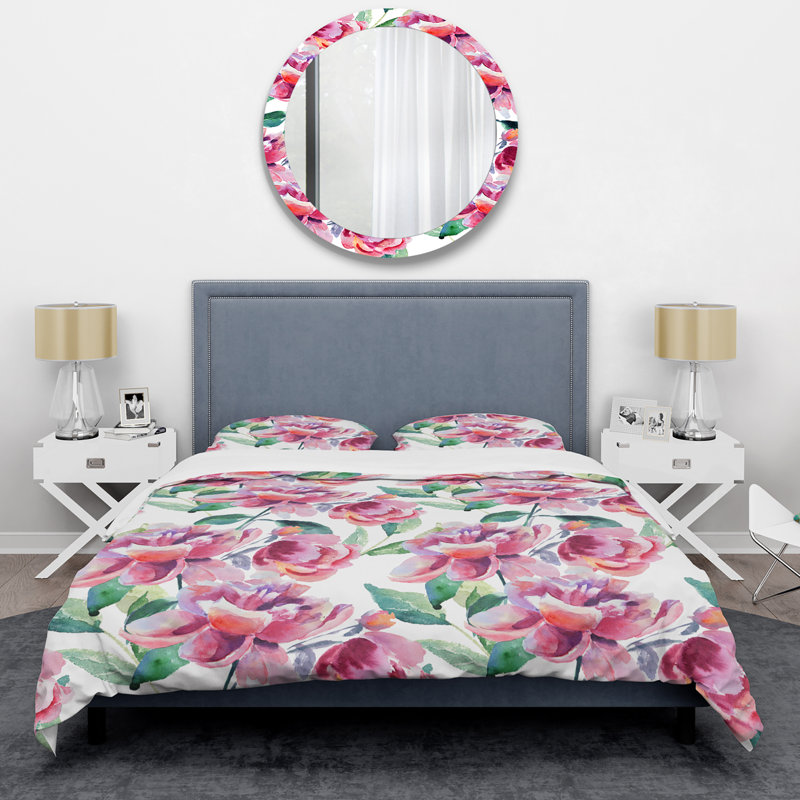 Fleurs roses et feuille verte - ensemble de housse de couette floral - microfibre de polyester