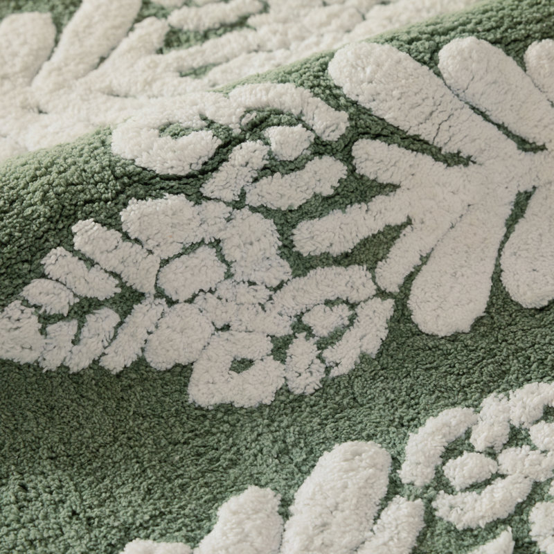 100% Cotton Pattern Bath Mat in Folk Leaves, 24 in x 17 in, Sage Folk Leaves