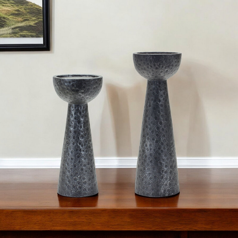 Set of Two Black Hammered Polyresin Tabletop Pillar Candle Holders