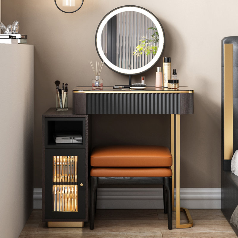 Claria High-quality Makeup Vanity set, Glass Top,Expandable, Corner,Includes makeup stool,Very easy to assemble, Black/Gold