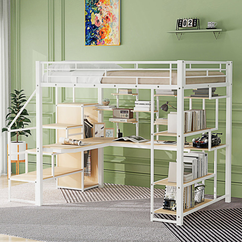 Lit mezzanine double en métal avec escalier de rangement et petite armoire