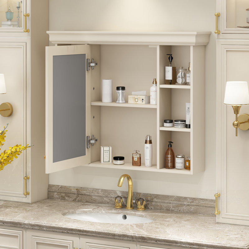 Armoire de rangement murale pour salle de bain avec porte miroir et tablettes ouvertes, Beige / Crème