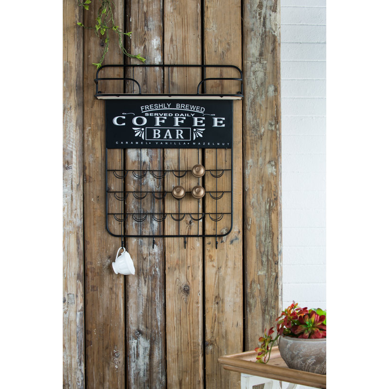 Black Floating Coffee Bar Shelf with Coffee Pod Holder, Hooks and Storage Shelf
