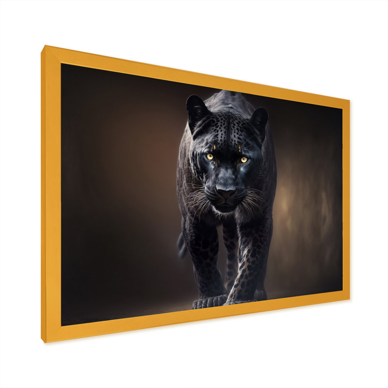 «Black Majestic Panther II» - art mural panthère, H 16 po x l 32 po, Toile avec cadre photo, Doré