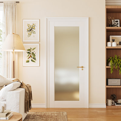 Full 1-Lite Pantry Door French Frosted Glass Solid Manufactured Wood Primed Slab Door Without Hardware Kit 30'' x 80''