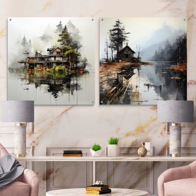 Minimalism Moody Lakehouse Overcast - Lake River Acrylic Wall Art Glass Set Of 2
