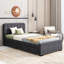 Base de lit plateforme simple en tissu de lin avec 2 tiroirs de rangement et tête de lit avec port USB