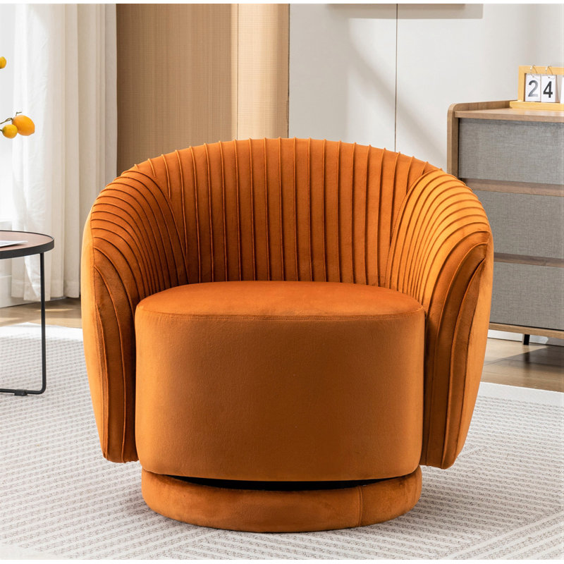 Fauteuil demi-tonneau pivotant en velours avec base robuste et coussin rembourré épais, Orange