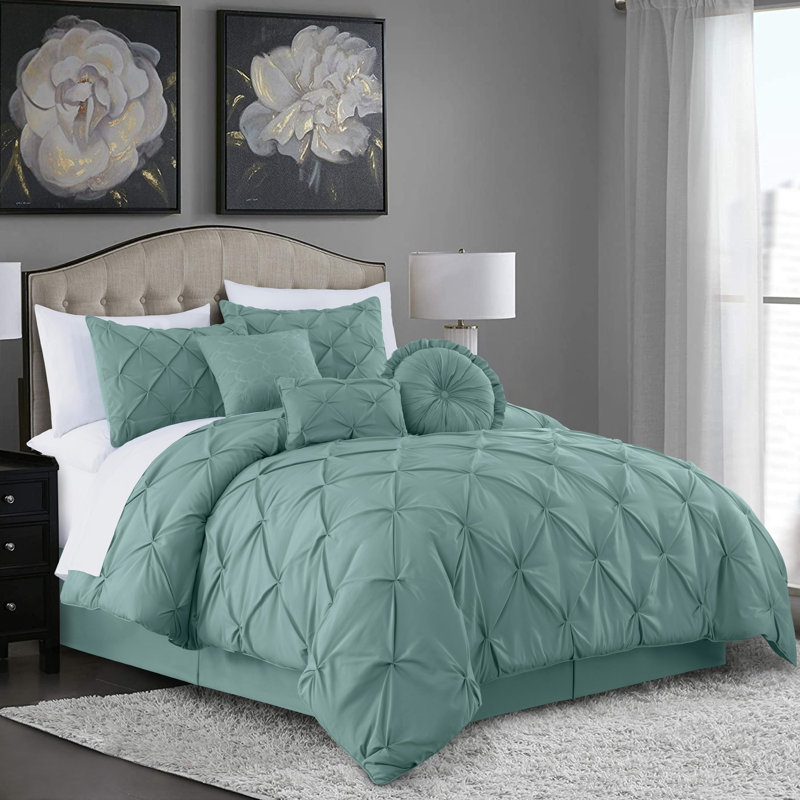 Sydney Pintuck Microfiber 7 Piece Comforter Set, Queen Comforter + 2 Shams + 3 Throw Pillows, Spa Blue