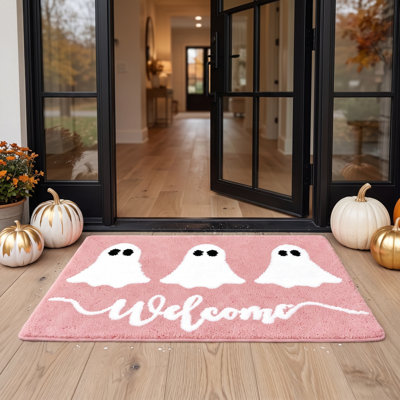 Tapis de sol rose en imitation cachemire, style Halloween, à motifs de fantômes, avec un envers en caoutchouc antidérapant. Un tapis décoratif pour les fêtes.