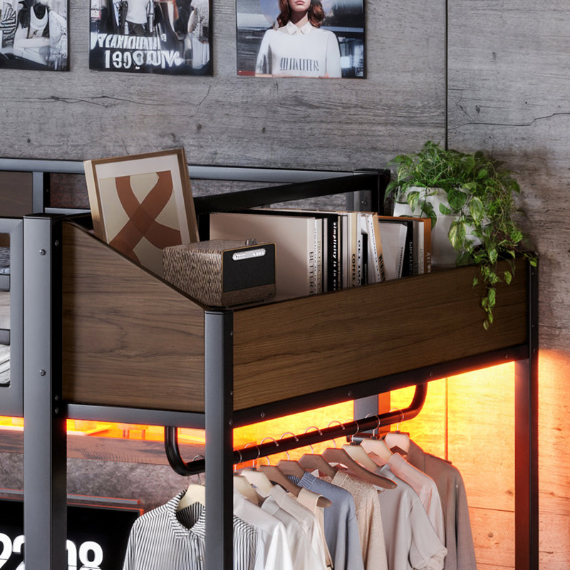 Lit mezzanine entièrement métallique avec bureau en forme de L, bande lumineuse DEL, ports USB, étagères de rangement et tringle à vêtements, noir et brun