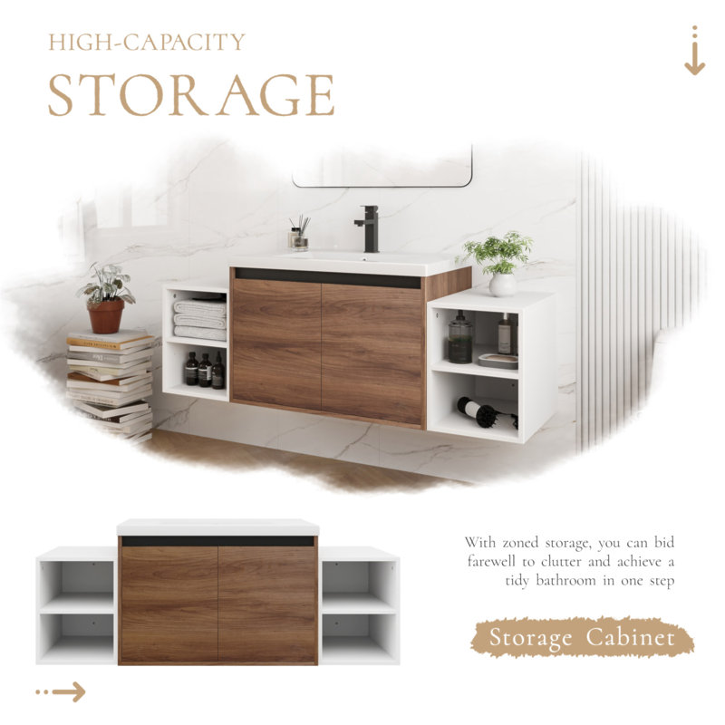 Meuble-lavabo mural 54 po avec lavabo de comptoir en résine et 2 tablettes de rangement, 2 portes à fermeture douce