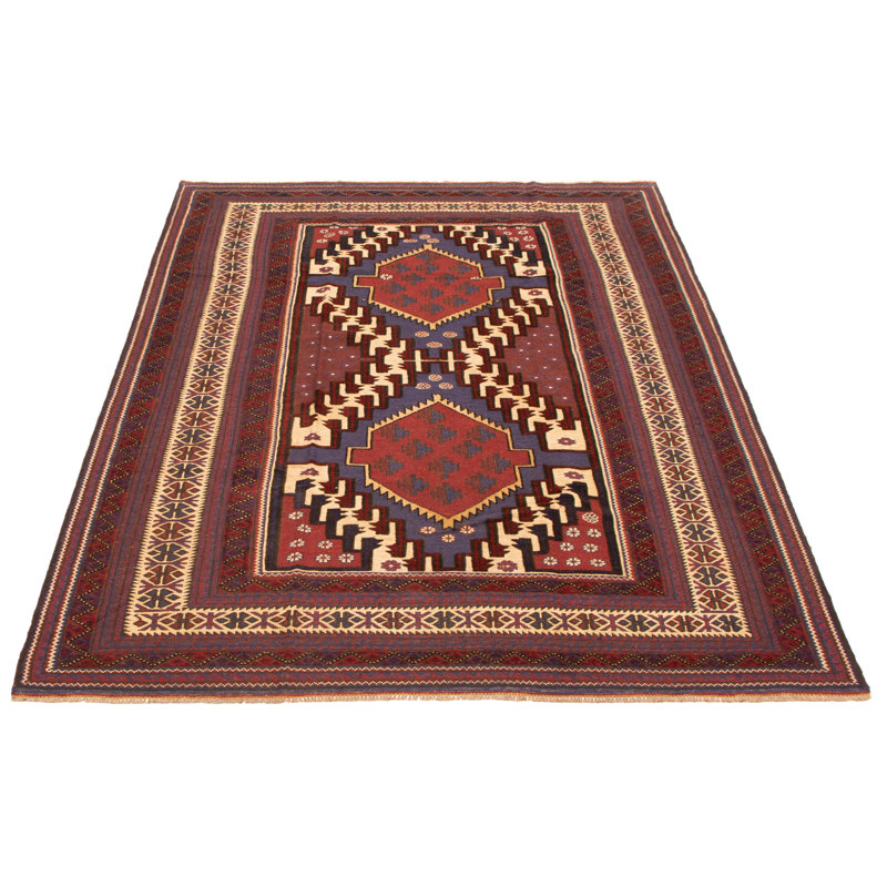Tapis rouge foncé en laine noué à la main de conception unique 6 pi 4 po x 8 pi 6 po Jirina
