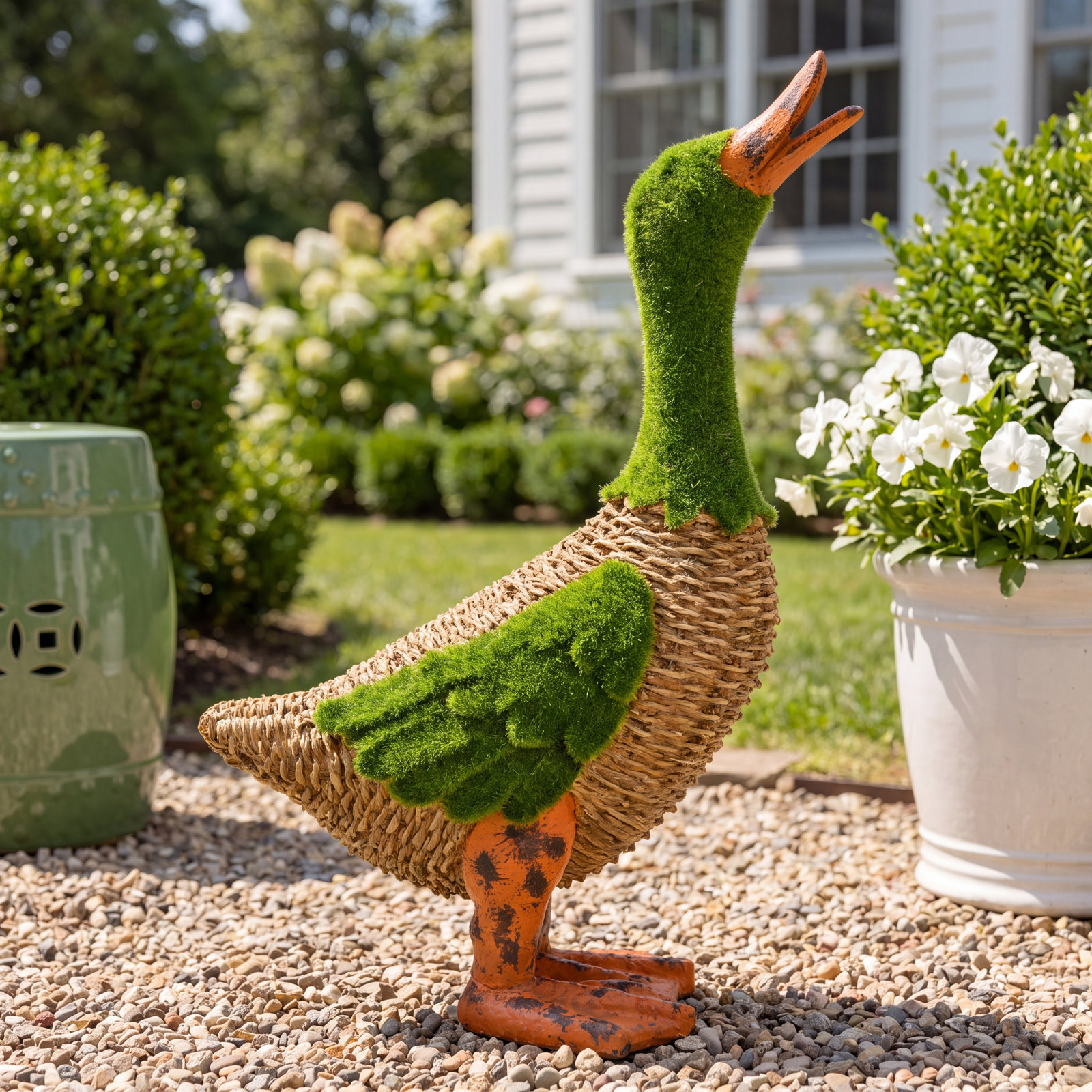 Flynn Moss and Rattan Duck Garden Statue