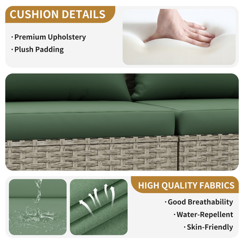 7 Piece Patio Conversation Set with Coffee Table and Cushions, Green