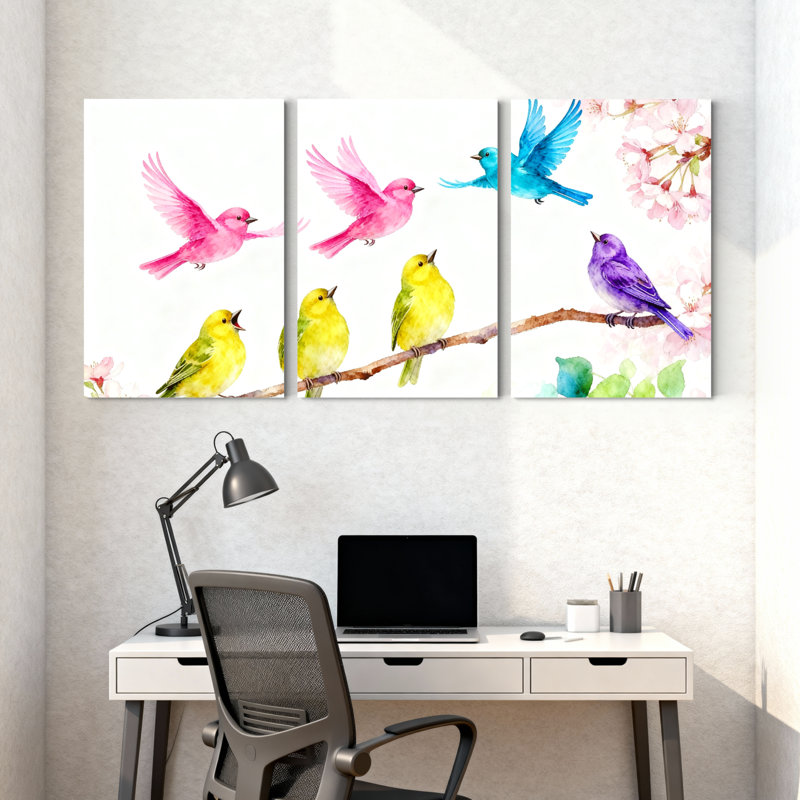 Oiseaux colorés sur une branche avec des fleurs, ensemble de 3 impressions sur toile, H 18 po x l 36 po