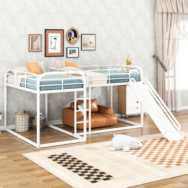 Lit superposé moderne en forme de L avec glissière, blanc, pour lit double et simple en métal durable, Blanc