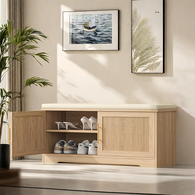 Banc de rangement à chaussures cannelé avec coussin, meuble à 2 niveaux avec tablette réglable et poignées dorées