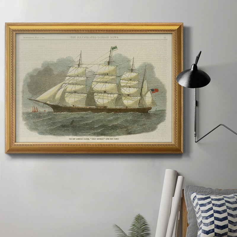 Antique Clipper Ship IV - Peinture sur toile encadrée, H 18 po x l 27 po x P 2,5 po, Cadre doré antique