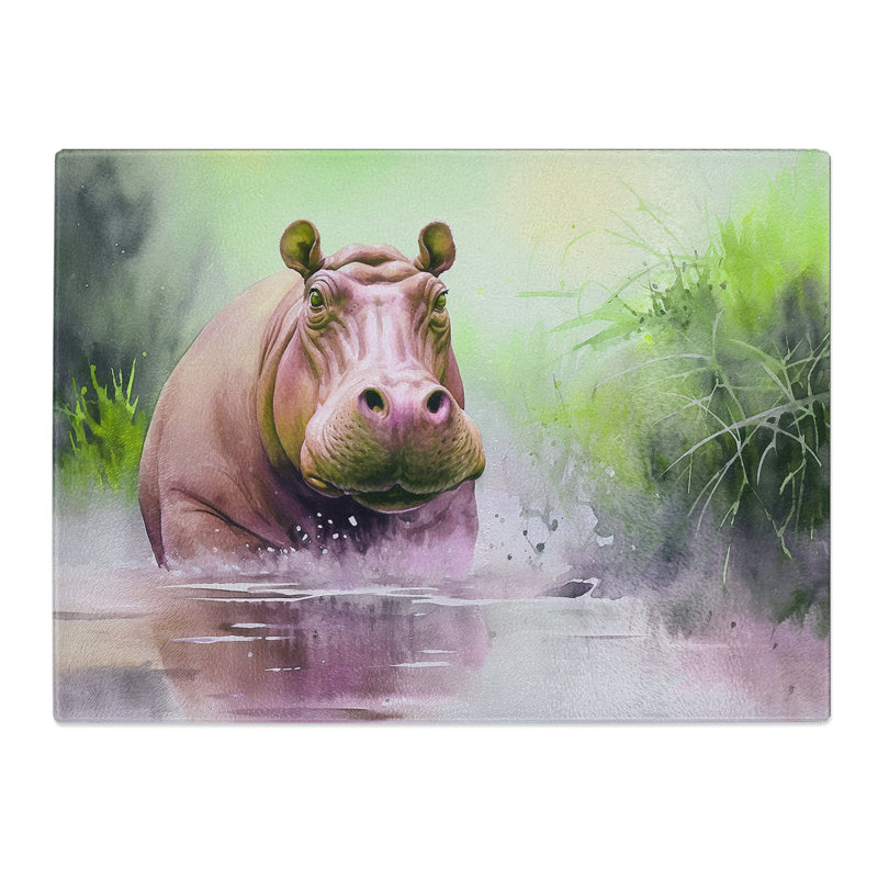Hippo Watercolour  Glass Chopping Board